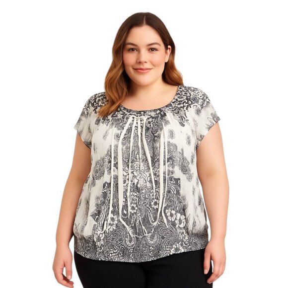 One World Plus Size 2X Boho Peasant Top White Black Floral Print Crinkle Stretch - Picture 1 of 16